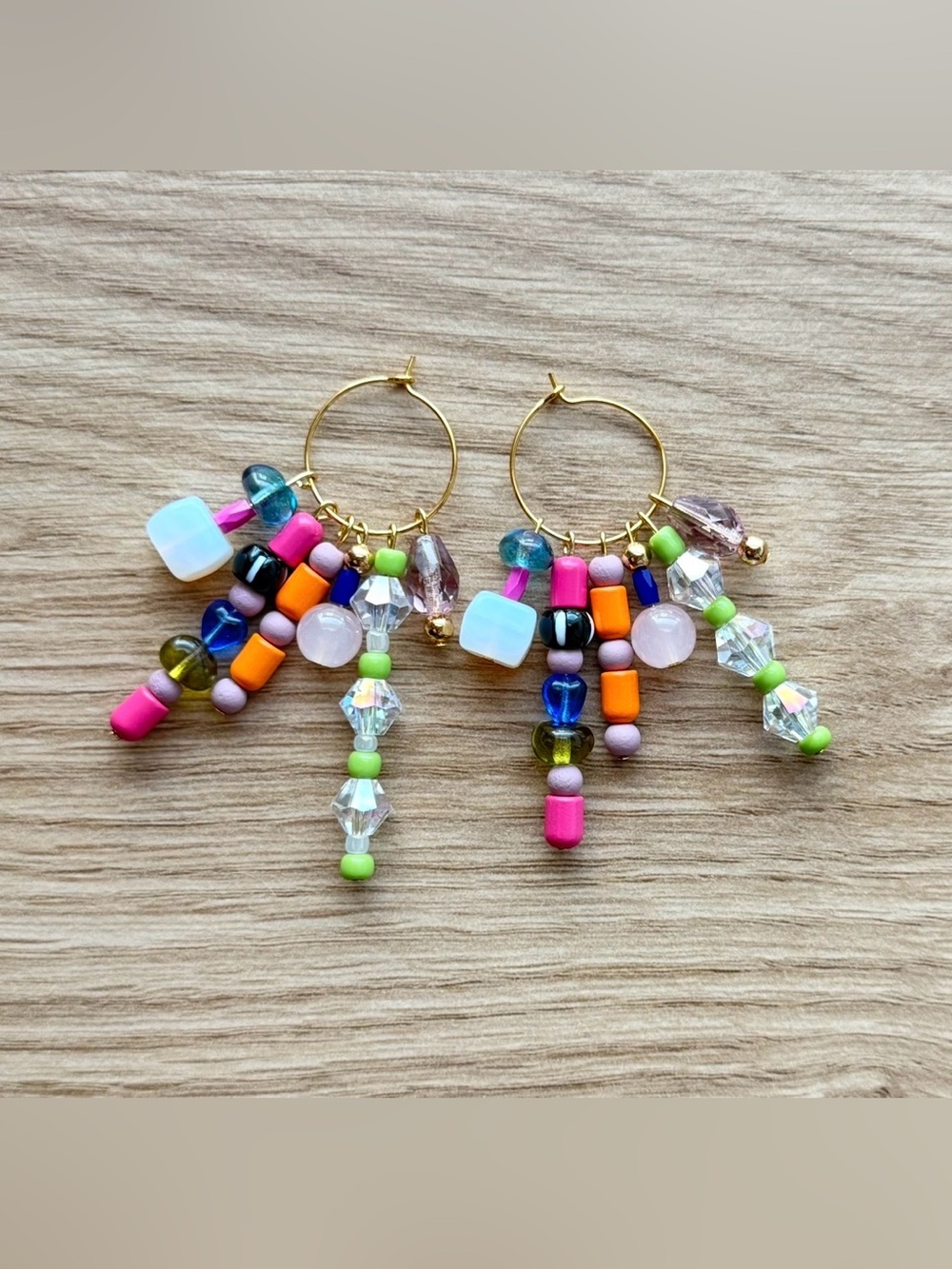 Hand Crafted Neon Bead Fringe Hoop Earrings in Pink, Orange & Green